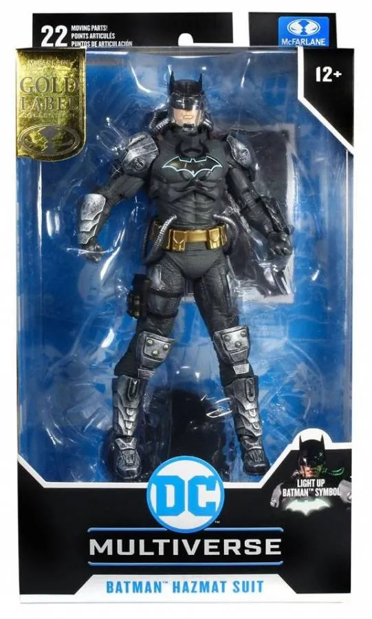 DC MULTIVERSE ACTION FIGURE BATMAN HAZMAT SUIT GOLD LABEL LIGHT UP BATMAN SYMBOL 18 CM